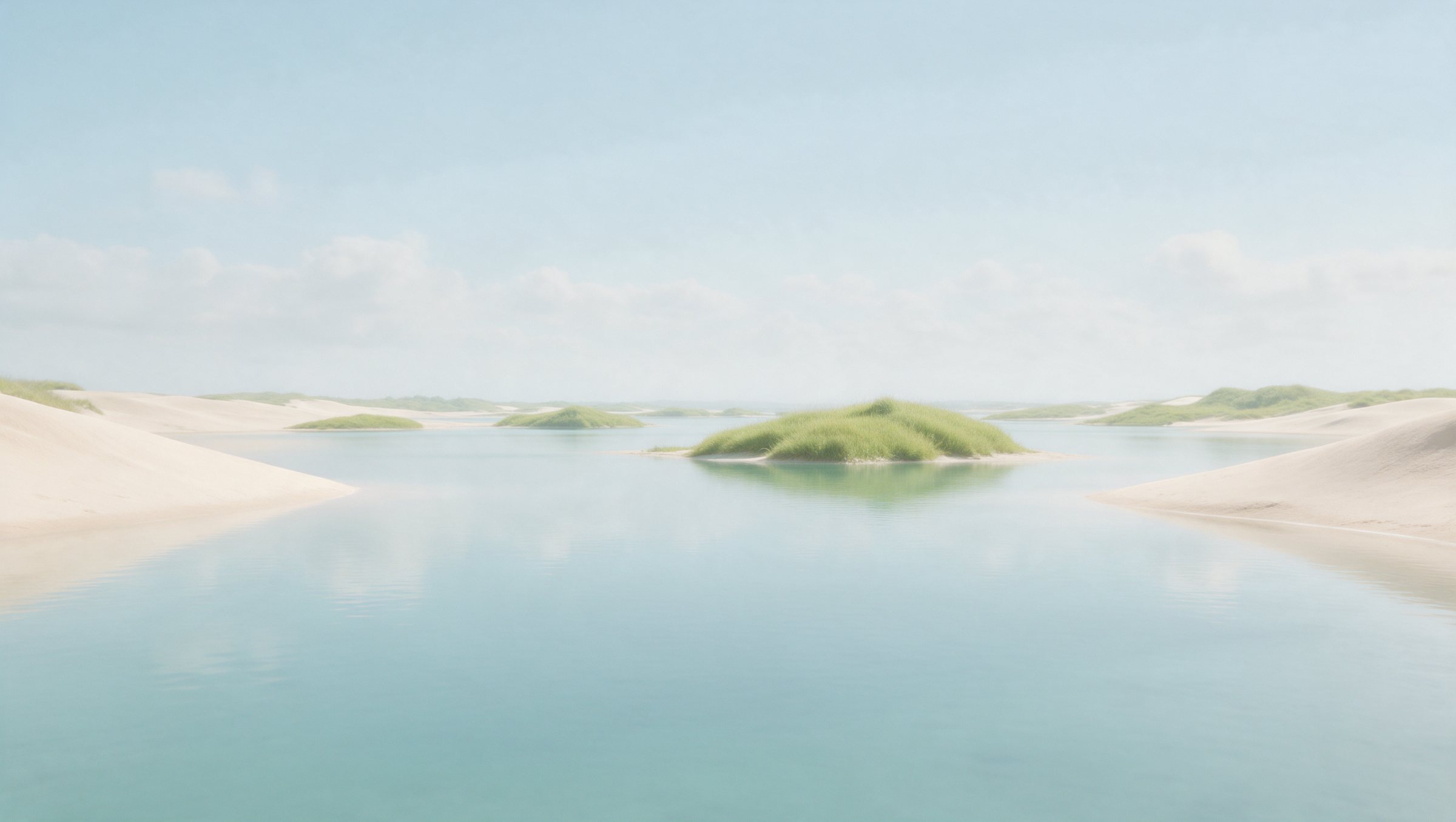 A calm pale lagoon with soft dunes under a hazy sky