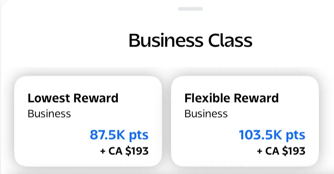 Booking screen: business class from 87,500 Aeroplan points plus CA$193