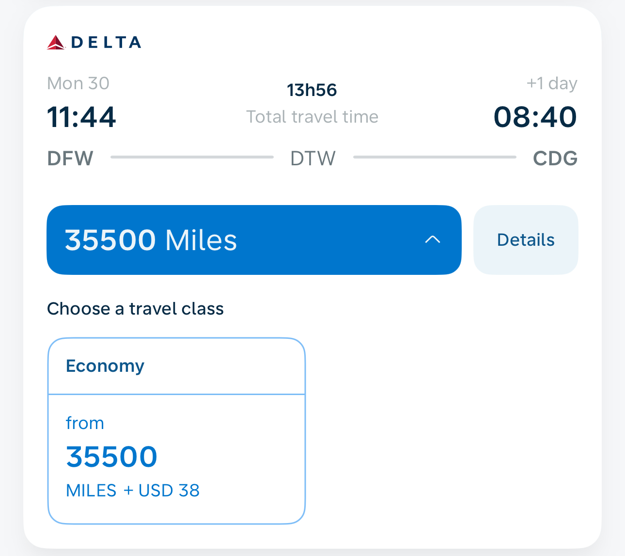 Booking screen: Delta, Dallas to Paris via Detroit, economy, 35,500 miles plus $38
