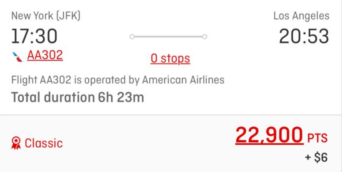 Booking screen: American Airlines AA302, New York JFK to Los Angeles, nonstop, 22,900 points plus $6